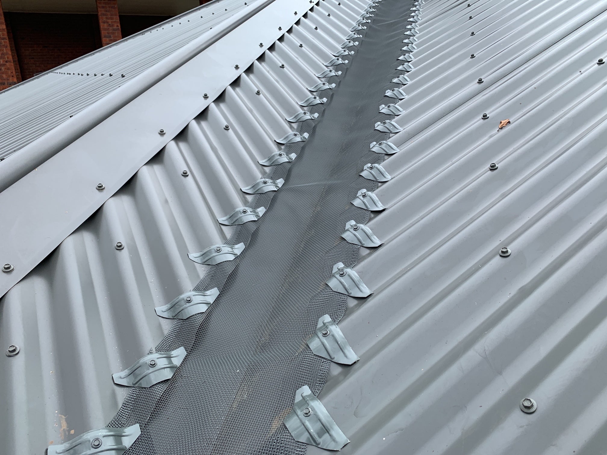 Gutter Guard on Valley Metal roof with corrugated panels and fasteners